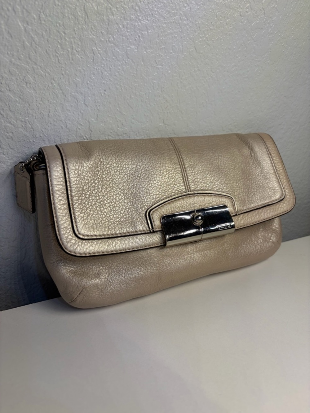 Coach Kristin Leather Flap Clutch in Metallic Taupe